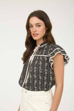 STRIPE FLORAL PATTERN TIE FRONT RUFFLE TOP: BLACK