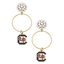 Load image into Gallery viewer, South Carolina Gamecocks Pearl Cluster Enamel Hoop Earrings

