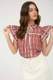 STRIPE FLORAL PATTERN TIE FRONT RUFFLE TOP: BLACK