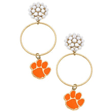 Load image into Gallery viewer, Clemson Tigers Pearl Cluster Enamel Hoop Earrings in Orange
