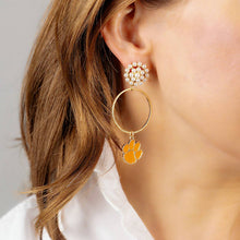 Load image into Gallery viewer, Clemson Tigers Pearl Cluster Enamel Hoop Earrings in Orange
