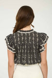 STRIPE FLORAL PATTERN TIE FRONT RUFFLE TOP: BLACK