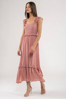 FLUTTER SLEEVE SMOCKED MIDI DRESS: FUCHSIA