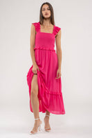 FLUTTER SLEEVE SMOCKED MIDI DRESS: FUCHSIA