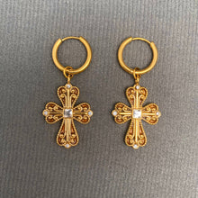 Load image into Gallery viewer, WP: Zircon inlaid Cross 18K Gold Plated SS Huggie Earrings
