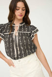 STRIPE FLORAL PATTERN TIE FRONT RUFFLE TOP: BLACK