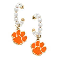 Load image into Gallery viewer, Clemson Tigers Pearl Hoop Enamel Drop Earrings in Orange
