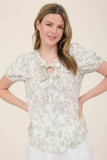 FLORAL PRINT SCALLOP TRIM DOUBLE FRONT TIE BLOUSE: NATURAL