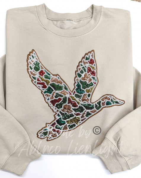 Camo Mallard Duck Hunting Sequins Patch Sweatshirt: Sweet Cream