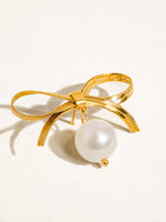 Emma Bow Dangle Pearl Earring- WATERPROOF : Yellow Gold