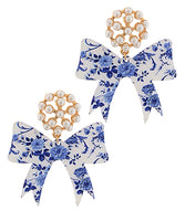 Blue Ribbon Bow & Pearl Earrings