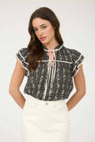 STRIPE FLORAL PATTERN TIE FRONT RUFFLE TOP: BLACK