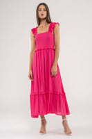 FLUTTER SLEEVE SMOCKED MIDI DRESS: FUCHSIA