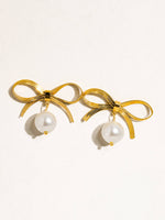 Emma Bow Dangle Pearl Earring- WATERPROOF : Yellow Gold