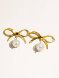 Emma Bow Dangle Pearl Earring- WATERPROOF : Yellow Gold