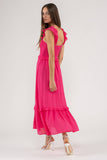 FLUTTER SLEEVE SMOCKED MIDI DRESS: FUCHSIA