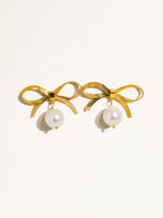 Emma Bow Dangle Pearl Earring- WATERPROOF : Yellow Gold