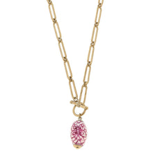 Load image into Gallery viewer, Evelyn Chinoiserie T-Bar Necklace in Pink &amp; White
