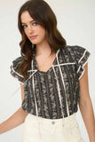 STRIPE FLORAL PATTERN TIE FRONT RUFFLE TOP: BLACK