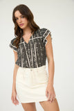 STRIPE FLORAL PATTERN TIE FRONT RUFFLE TOP: BLACK