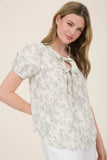 FLORAL PRINT SCALLOP TRIM DOUBLE FRONT TIE BLOUSE: NATURAL