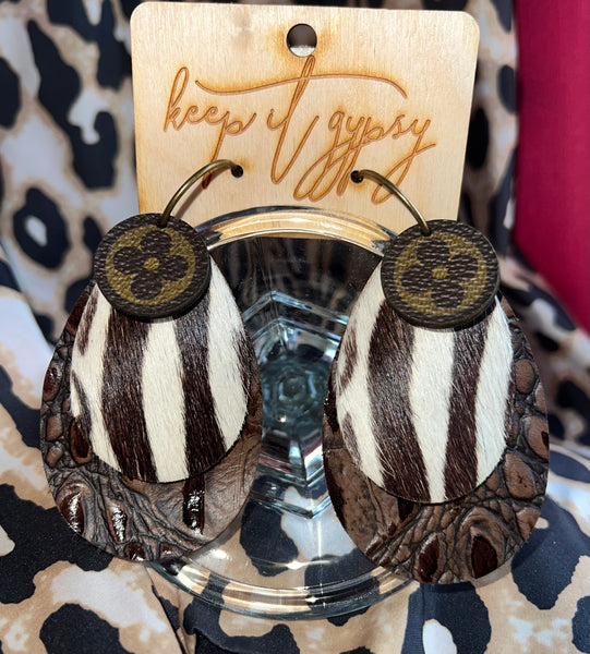 Upcycled LV Zebra & Leather Croc Earrings